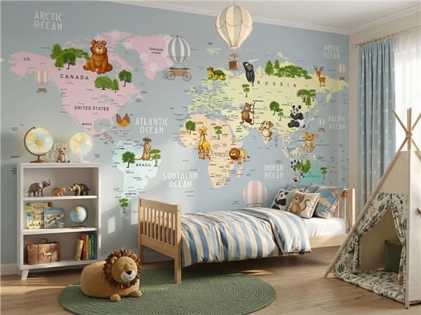 Sevimli Hayvanlar ve Eğitici Dünya Haritası Çocuk Odası Duvar Kağıdı